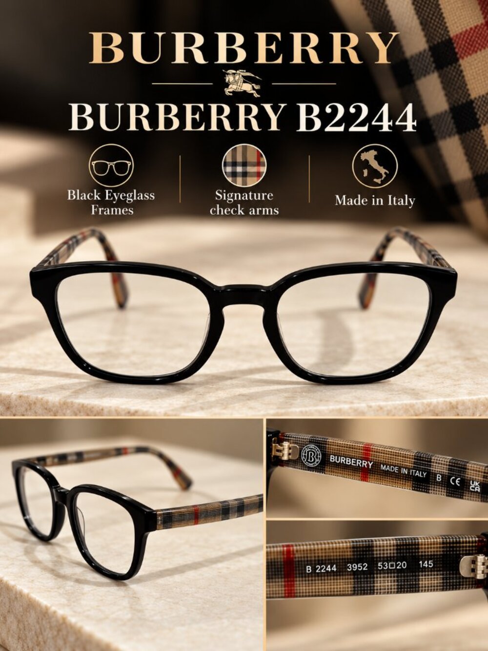 Burberry B2244 Black Check Arm Eyeglass Frames Prescription Lenses